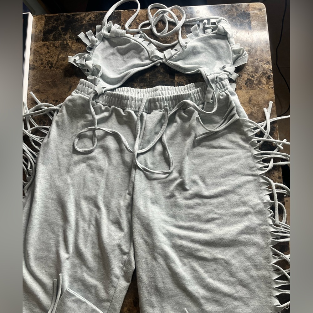 Light Gray Fringe Two-Piece Jogger Set